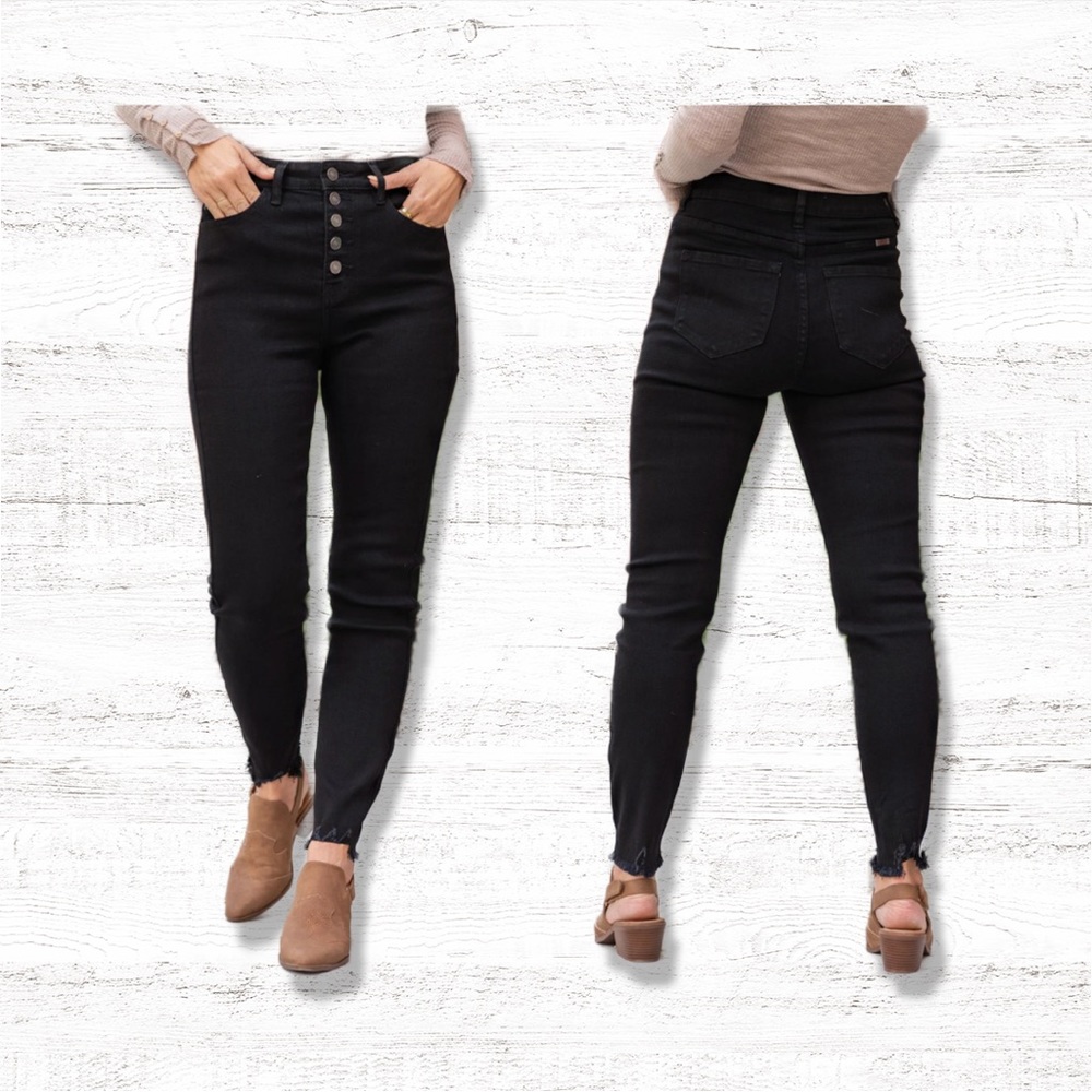 KanCan Exposed Button Fly High Rise Raw Hem Skinny Jeans in Black - Size 25/ 3